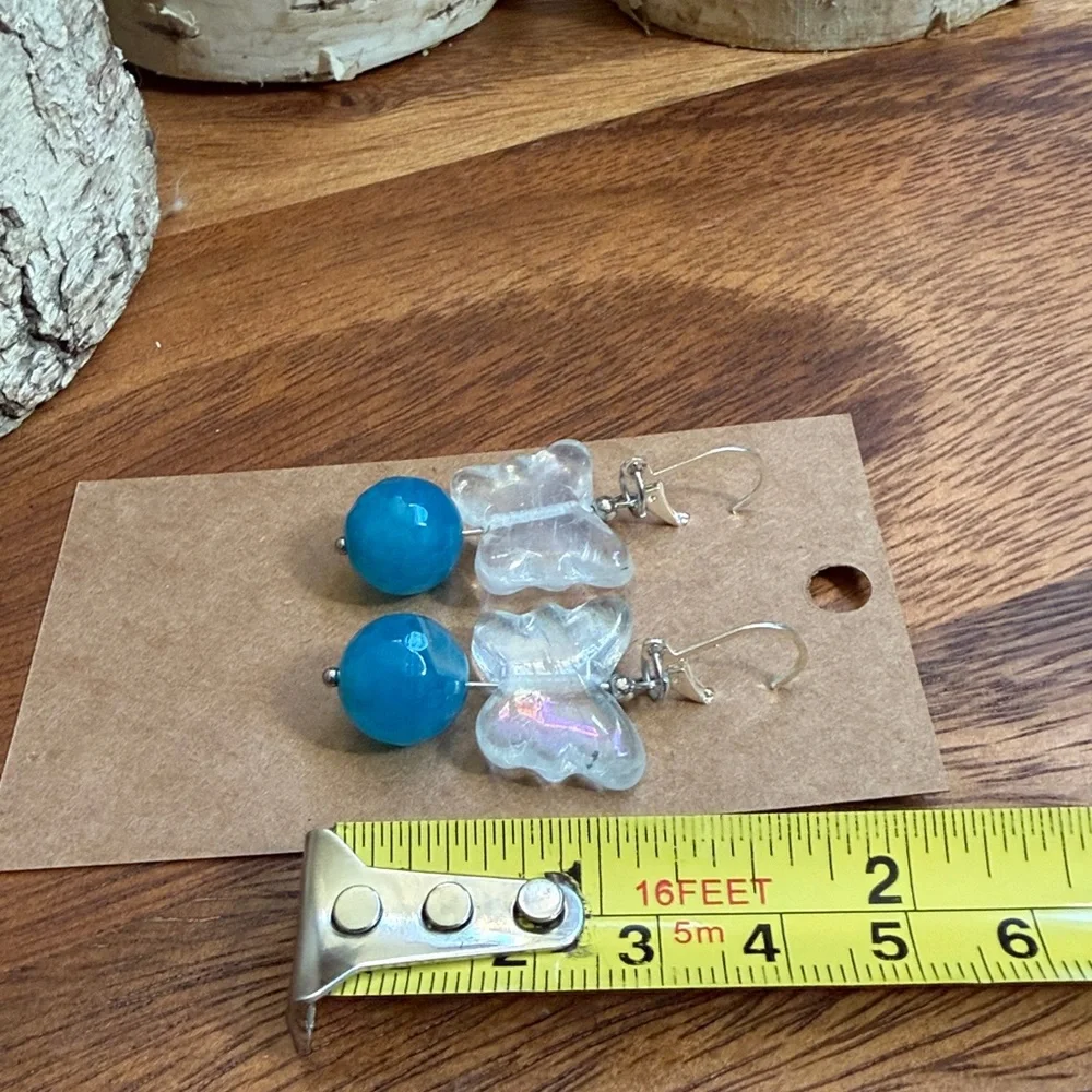 Artisan Glass Butterfly Earrings Blue Stone Vintage Bead Dangle - Picture 6 of 7